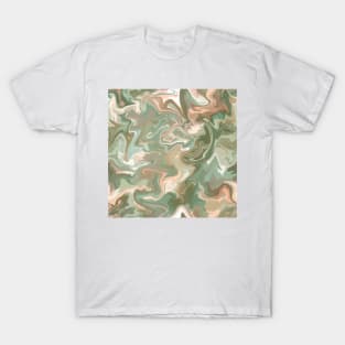 Desert Sage Silk Marble - Light Sage Green, Peach, and Off White Liquid Paint Pattern T-Shirt